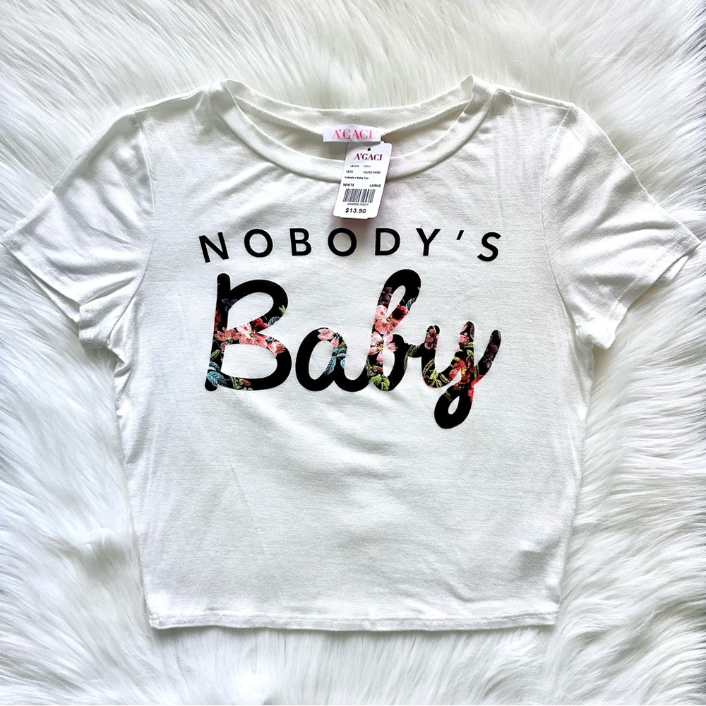 A’gaci White Graphic Crop Top Nobody’s Baby Tee Size Large (Juniors)
